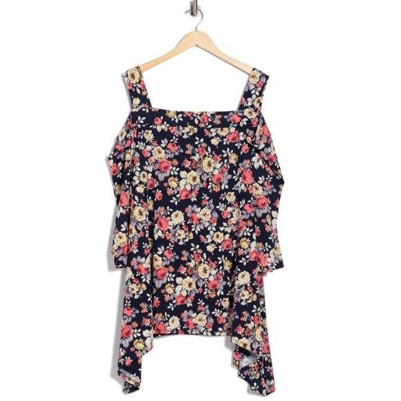 Marina Long Sleeve Floral Print Shark Bite Hem Cold Shoulder Top Plus Size 2X - Picture 2 of 4